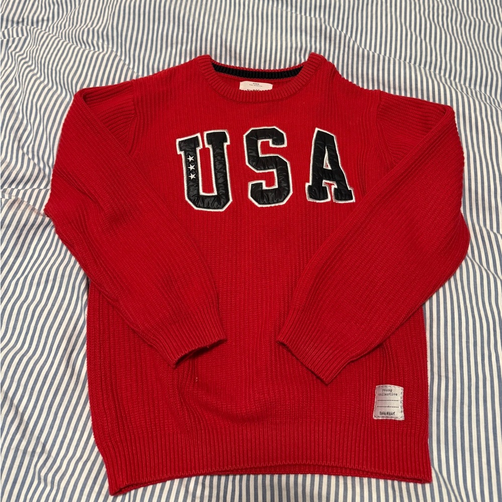 Zara Red USA knit Crewneck Sweater Rare hard to fine size 10 years